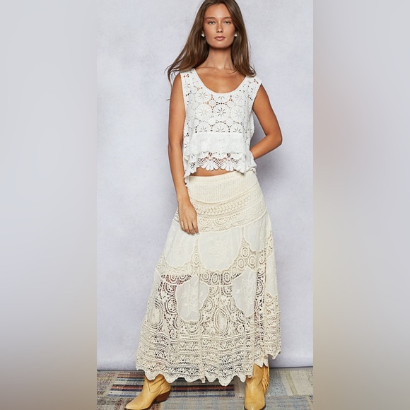 POL One Size Natural Maxi Skirt Cotton Lace Tiered Design Boho Beach - Picture 1 of 3